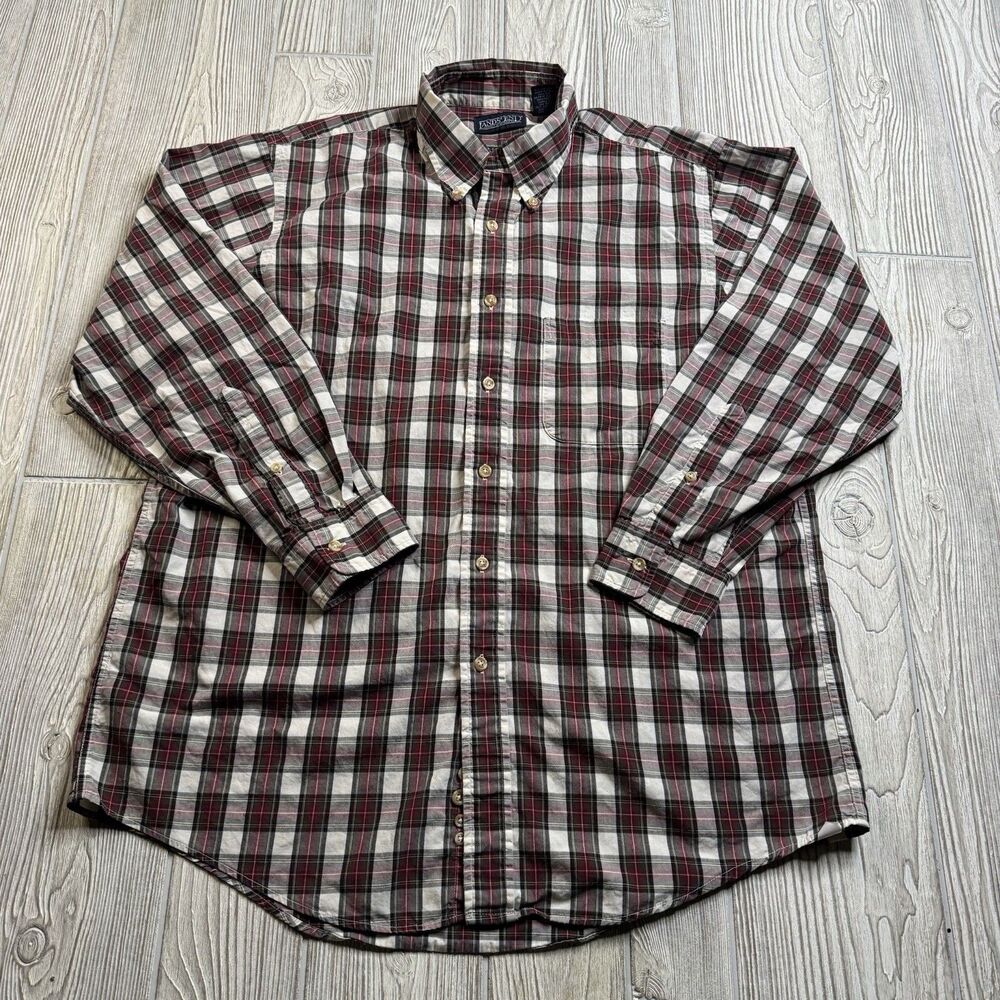Vintage Lands End Button Down Shirt Men’s 16.5 32 Burgandy Plaid Made in USA